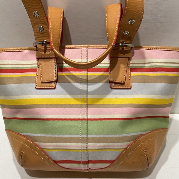 COACH (#4435) Multicolored Striped Fabric/ Tan Leather Shoulder/ Tote Bag - Picture 5 of 16